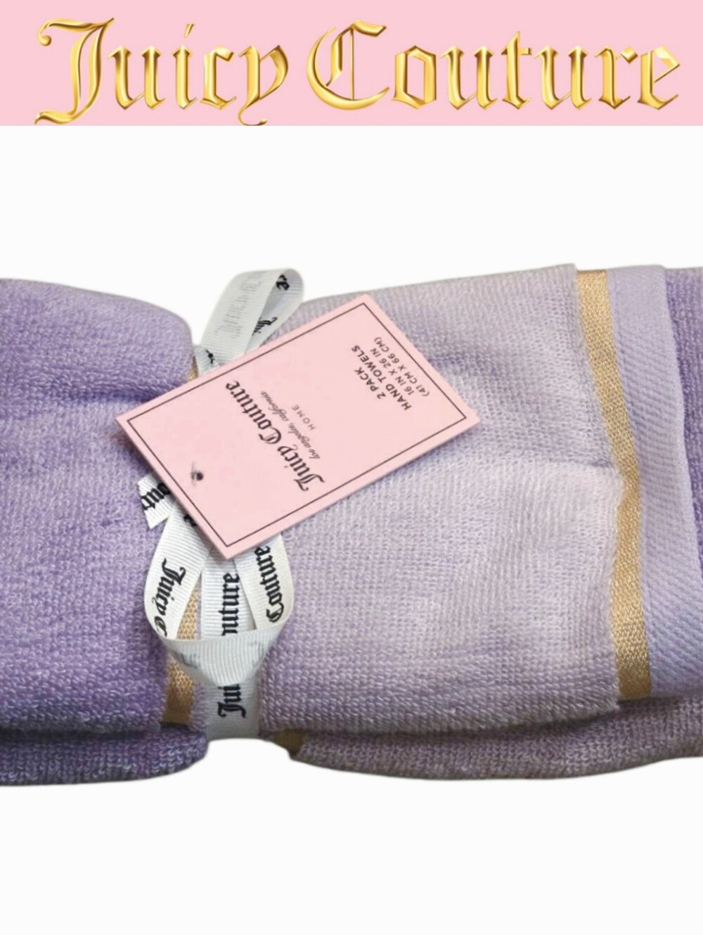 Juicy Couture Home Gold Embrodried Stripe Set Of 2 Hand Towels- Lavender